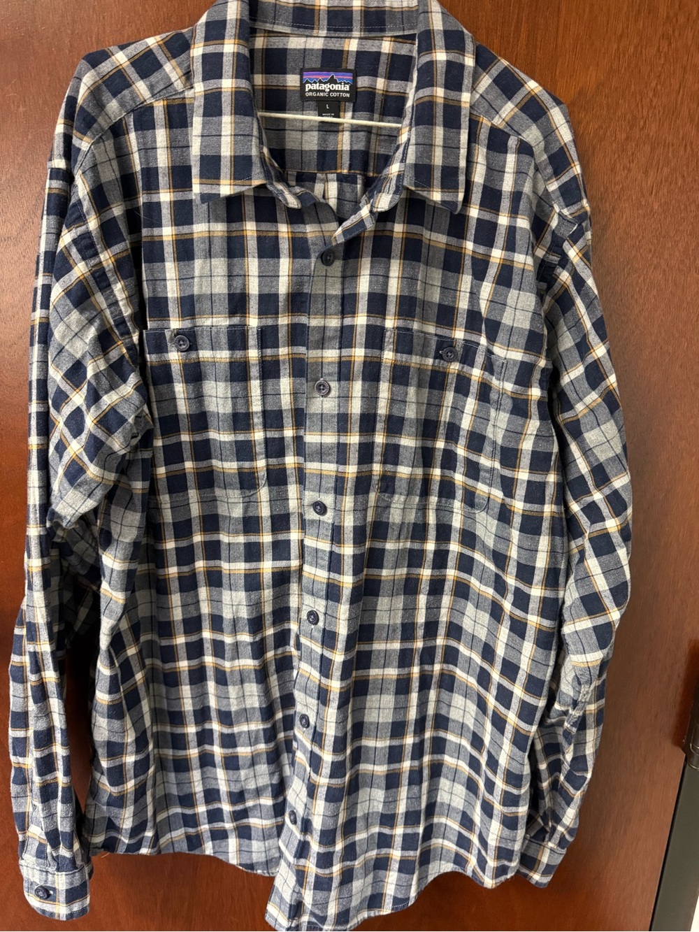 Patagonia Men’s Navy and Cream Plaid Button-Up Shirt Fall colors